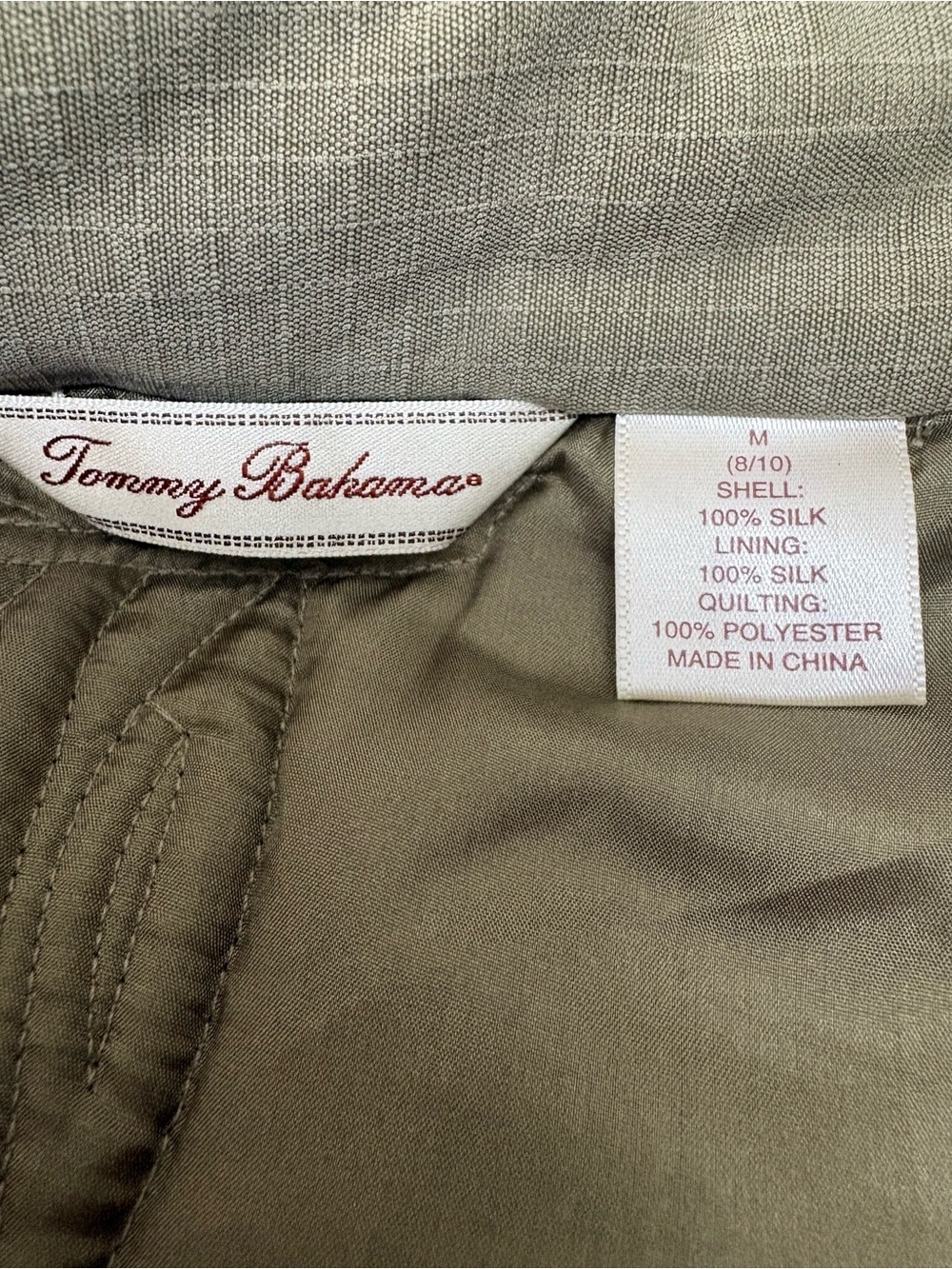 Tommy Bahama Silk Olive Green Quilted Zipper Snap Button Vest - Picture 10 of 11